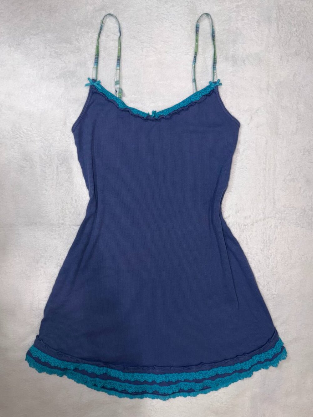 Vintage Y2K Navy & Turquoise Lace Trim Cami Dress / Long Tank